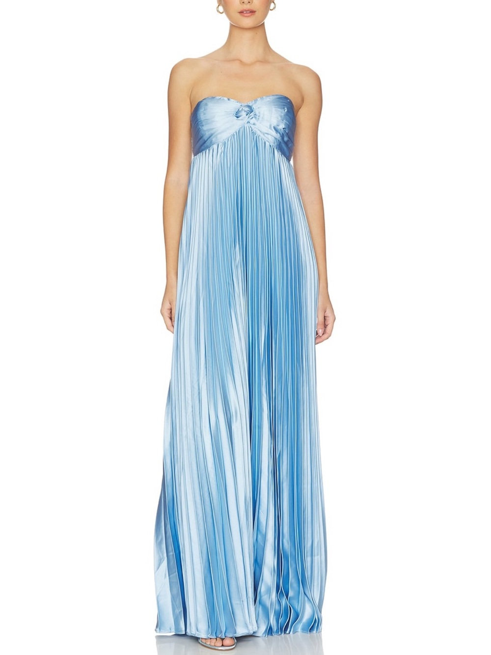Astr Strapless Pleated Satin Maxi Dress in Light Blue